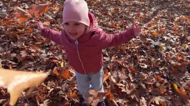Prag 'daki Sonbahar Şehir Parkı' na yaprakları atan küçük bir kız. Yüksek kalite 4k görüntü
