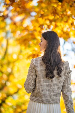 Sonbahar parkında hafif kıyafetli zarif genç bir kadın sonbahar sezonu boyunca Old Money estetiğinden ve klasik tarzından esinlenerek sonsuz moda ve yaşam tarzıyla yürüyor. Yüksek kalite fotoğraf