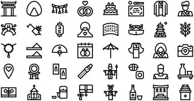 Japon Düğün Simgeleri koleksiyonu düzenlenebilir vuruşlu bir vektör illüstrasyonudur.