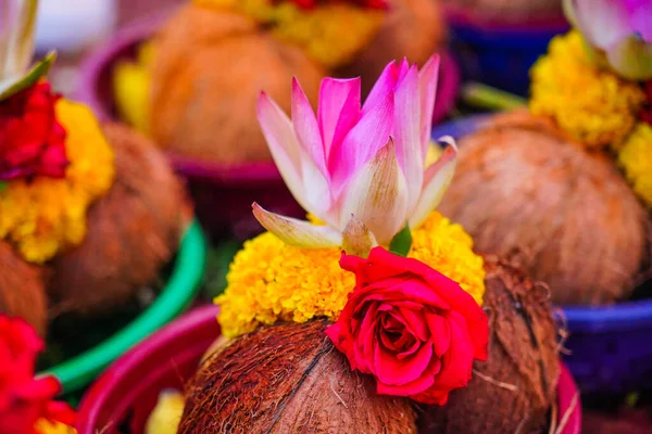 Pealed Coconuts Lotus Rose Other Flowers Prepared Pooja Ritual Worship Royalty Free Stock Photos