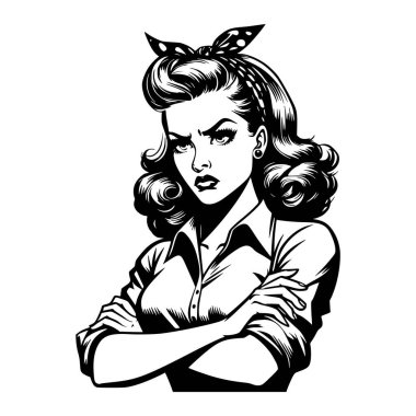 Şiddetli bir ifadeyle kollarını kavuşturmuş, başörtüsü takmış ve güçlü bir tavırla 1950 'lerin klasik tarzını somutlaştırmış, siyah ve beyaz bir pop sanatının canlandırması..