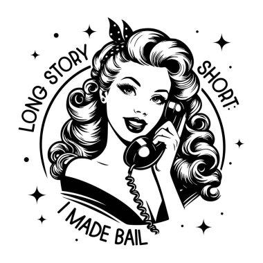 Telefonda konuşan eski bir kadının siyah-beyaz pop sanat çizimi, 