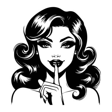 Baştan çıkarıcı gülüşü olan, parmaklarıyla sessiz bir jest yapan, klasik 1950 'lerin tarzını ve klasik cazibesini yansıtan çekici bir kadının siyah ve beyaz pop sanat çizimi..