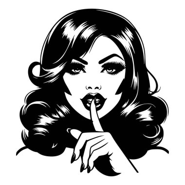 Siyah ve beyaz pop sanatının canlandırdığı etkileyici retro kadın parmaklarıyla dudaklarında şşşş hareketi yapıyor, klasik 1950 'lerin tarzı ve klasik cazibesini sergiliyor..