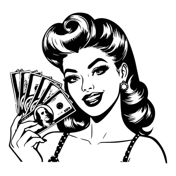 stock vector Black and white pop art illustration of a confident retro woman holding a fan of money, showcasing classic 1950s style and vintage glamour with a bold smile.