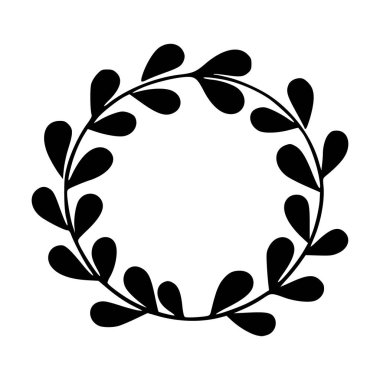 Yuvarlak yapraklardan yapılmış basit bir siyah-beyaz vektör çelengi dekoratif elementler, logolar veya doğadan esinlenilmiş tasarımlar için mükemmeldir..