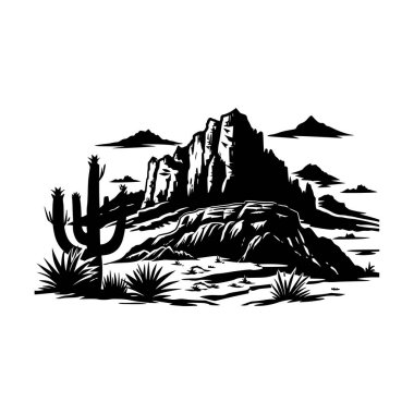 Kaktüs, kaya oluşumları ve çalıların yer aldığı bir çöl sahnesinin siyah-beyaz çizimi, doğa, güneybatı ya da vahşi doğa temalı tasarımlar için mükemmeldir..