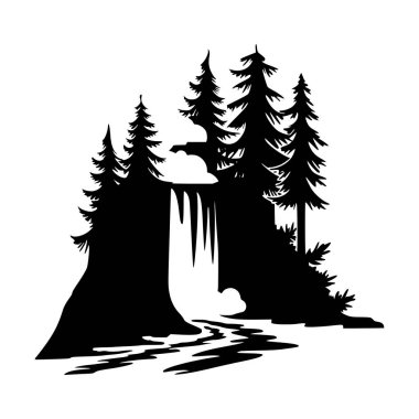Çam ağaçları ve akan suyla manzaralı bir orman şelalesinin vektör çizimi, doğa, macera ve açık hava temalı tasarımlar için mükemmeldir..