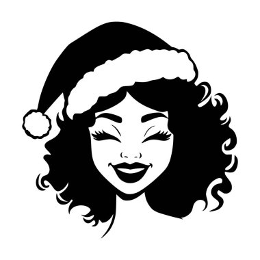 Noel Baba şapkası takan neşeli bir kadının siyah-beyaz vektör çizimi şenlik tasarımları, tatil kartları ve Noel temalı projeler için mükemmel..