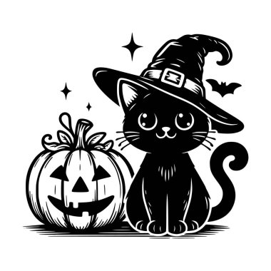 Cadı şapkası takan şirin bir ineğin vektör çizimi, gülümseyen bir Jack O fenerinin yanında oturuyor, Cadılar Bayramı tasarımları ve şenlikli dekorasyonlar için mükemmel..