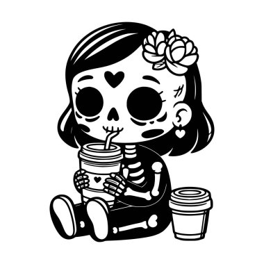 Cute vector illustration of a skeleton-themed girl with a flower in her hair, sipping from a cup, blending spooky and cozy elements. clipart