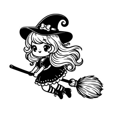Süpürgeyle uçan genç bir cadının vektör çizimi, dalgalı saçlar ve süslü bir cadı şapkası, Cadılar Bayramı tasarımları için mükemmel..