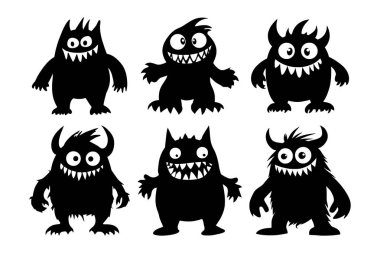 Büyük gözleri ve keskin dişleri olan, cadılar bayramı ve süslemeleri için mükemmel siyah canavar siluetleri koleksiyonu.