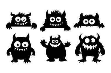 Büyük gözleri ve keskin dişleri olan, cadılar bayramı ve süslemeleri için mükemmel siyah canavar siluetleri koleksiyonu.