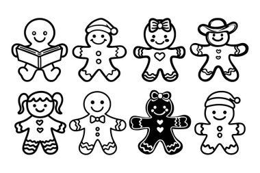 Vector illustrations of various gingerbread characters with unique outfits and expressions, perfect for Christmas or holiday designs. clipart