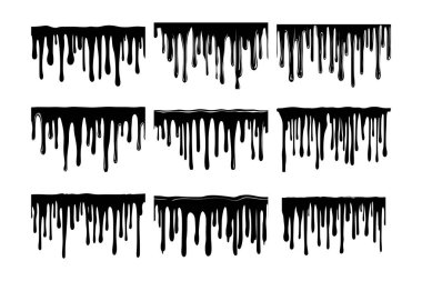 Çeşitli stillerde sıvı kenarlık damlatan siyah vektör koleksiyonu, grunge, korku veya Cadılar Bayramı temalı grafik tasarımlar ve arka planlar için idealdir.