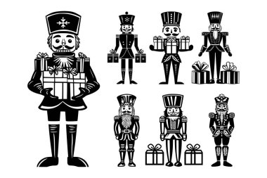 Collection of nutcracker holding presents, perfect for Christmas and festive holiday decorations or designs. Vector illustration clipart