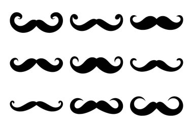 Klasik tarzda dokuz siyah bıyıklı siluet seti klasik tasarımlar, berber dükkanı logoları ve yenilik projeleri için idealdir. Vektör illüstrasyonu