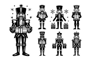 Collection of nutcracker holding presents, perfect for Christmas and festive holiday decorations or designs. Vector illustration clipart