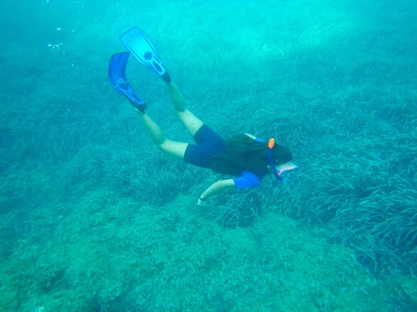 Freediving Underwater Exploration Contact Sea — Stock Photo, Image
