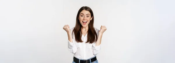 Excited Young Adult Woman Reacting Win Surprise News Screaming Cheering — Photo