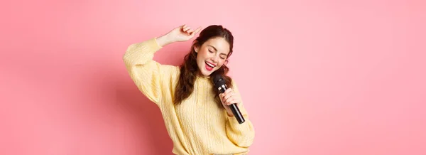 Carefree Modern Woman Dancing Singing Song Microphone Performing Mic Smiling — Stock Photo, Image