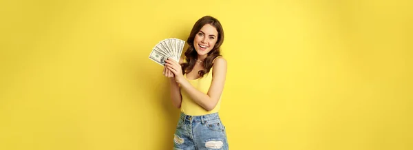 Enthusiastic Smiling Woman Showing Money Cash Laughing Looking Excited Standing — Foto de Stock