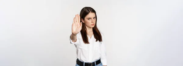 Serious Woman Showing Stop Sign Disagree Rejecting Smth Bad Standing — Stockfoto