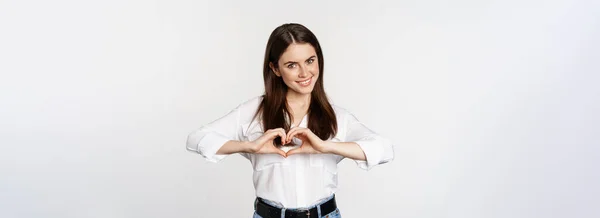 Lovely Feminine Woman Showing Heart Sign Romantic Gesture Smiling Care — Stock fotografie