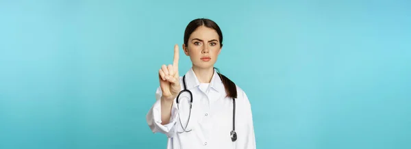 Serious Looking Young Doctor Woman Medical Clinic Worker Showing Stop — Stock Photo, Image