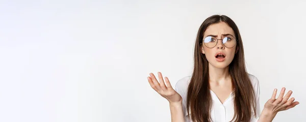 Close Confused Brunette Woman Glasses Looking Puzzled Clueless Standing White — Foto Stock