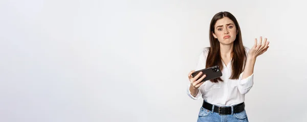 Sad Woman Losing Mobile Video Game Looking Upset Disappointed Smartphone — Stock Photo, Image