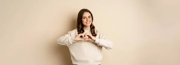 Beautiful Romantic Brunette Woman Showing Heart Love Sign Care You — 스톡 사진