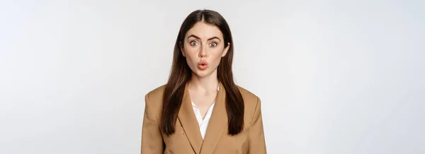 Portrait Office Lady Workplace Looking Surprised Curious Wow Face Standing — 스톡 사진