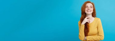 Yaşam tarzı kavramı - portre genç güzel çekici Kızıl kızıl saçlı kız saçını utangaçlık ile oynamaktan yakından. Mavi Pastel renkli. Kopya alanı