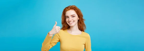 Portrait Young Stylish Freckled Girl Laughing Showing Thumps Camera Copy — Stock Photo, Image