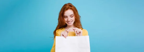 Shopping Concept Close Portrait Young Beautiful Attractive Redhair Girl Smiling — Stock Photo, Image