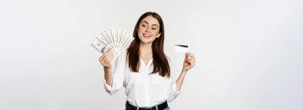 Happy Modern Woman Holding Money Credit Card Hands Smiling Pleased — Stok Foto