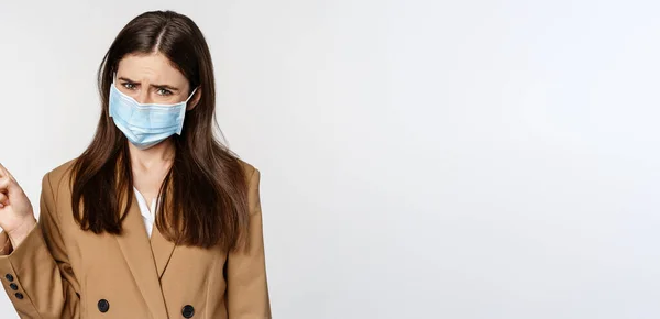 Coronavirus People Concept Sad Concerned Woman Office Clothing Medical Face — Fotografia de Stock