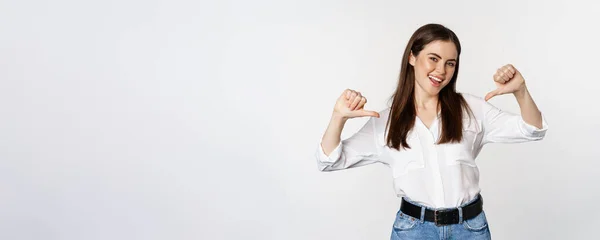 Portrait Young Woman Pointing Herself Self Promoting Standing White Background — ストック写真