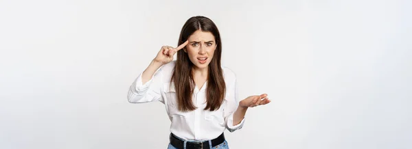 You Dumb Annoyed Woman Scolding Roll Finger Head Staring Camera — Stockfoto