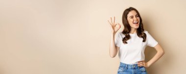 Stylish young woman smiling satisfied, showing okay, ok sign in approval, recommending, standing over beige background.