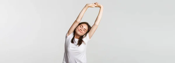 Portrait Relaxed Carefree Brunette Girl Stretching Satisfied Smile — Stock Photo, Image