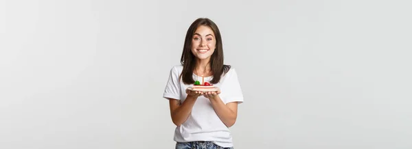 Excited Attractive Brunette Day Girl Making Wish Birthday Cake White — Stock Photo, Image