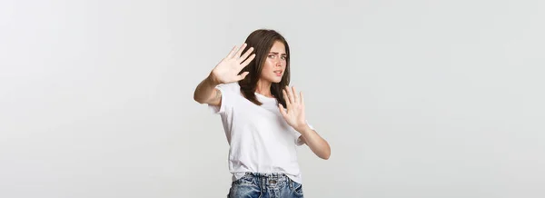 Scared Insecure Cute Girl Raising Hands Stop Gesture Defending Herself — Stock Photo, Image