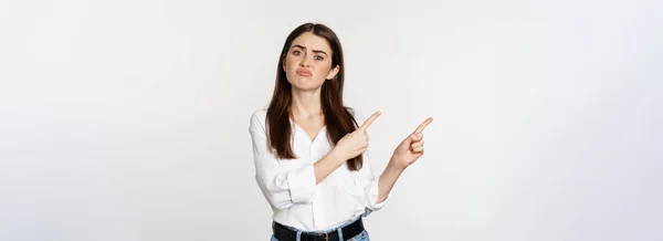 Sad Disappointed Cute Woman Gloomy Girl Pointing Fingers Logo Complaining — Foto Stock