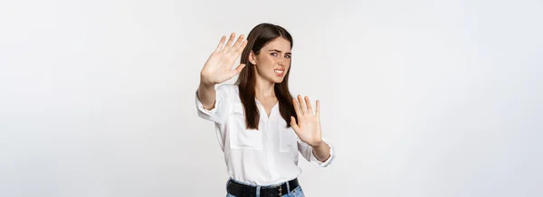 Displeased Woman Showing Stop Rejection Gesture Waving Hands Decline Refuse — Foto de Stock