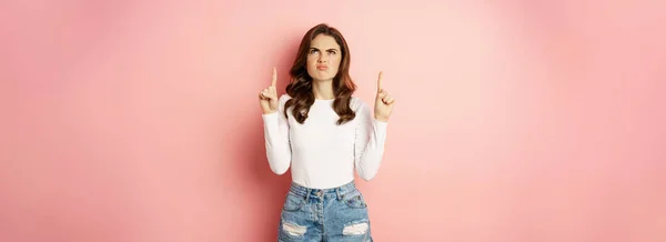 Angry Young Woman Frowning Pointing Fingers Looking Disgust Aversion Standing — Foto Stock