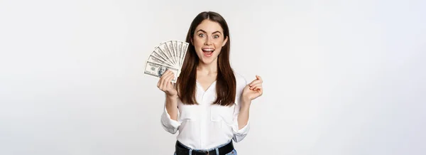 Enthusiastic Woman Showing Money Cash Smiling Got Loan Micro Credit — Stok Foto