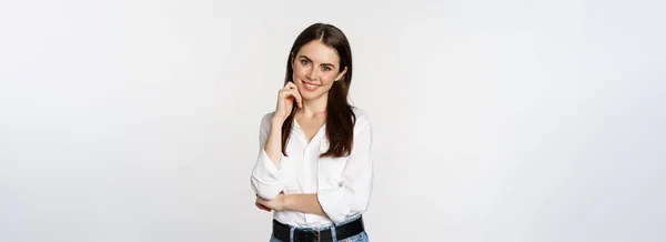 Smiling Young Businesswoman Female Entrepreneur White Shirt Cross Arms Chest — Stock Photo, Image